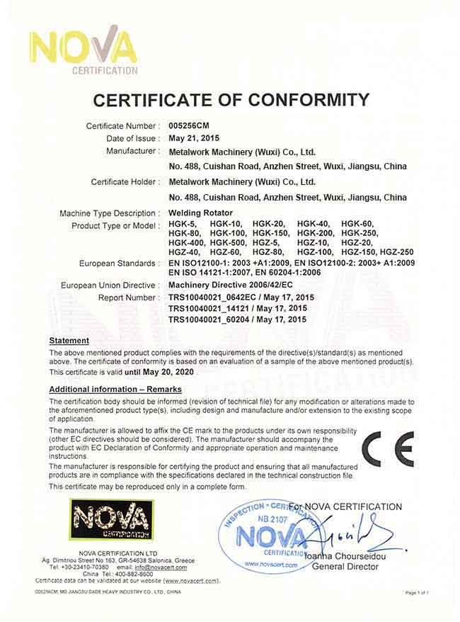 Chine METALWORK MACHINERY (WUXI) CO.LTD Certifications