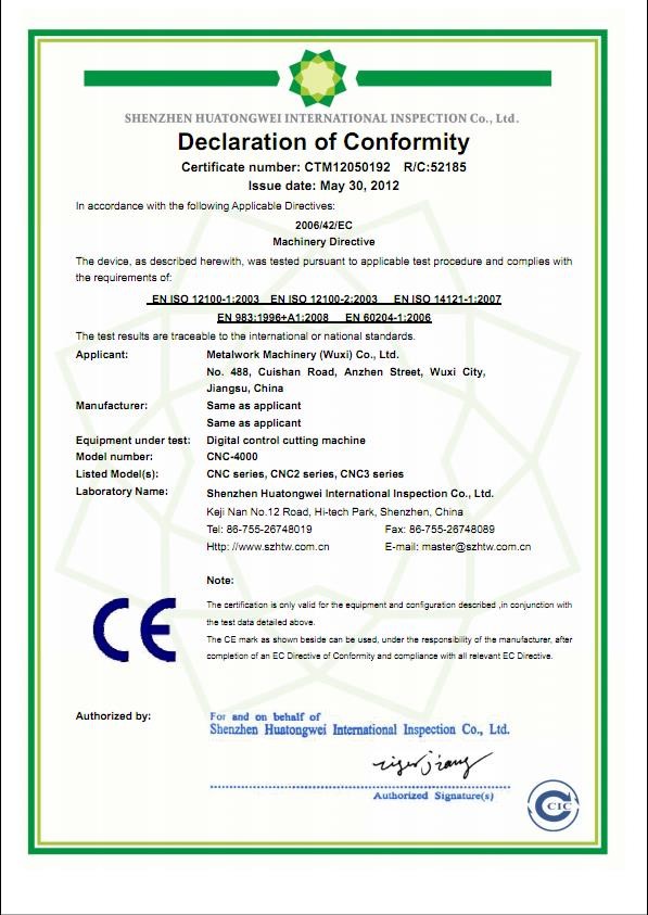 Chine METALWORK MACHINERY (WUXI) CO.LTD Certifications